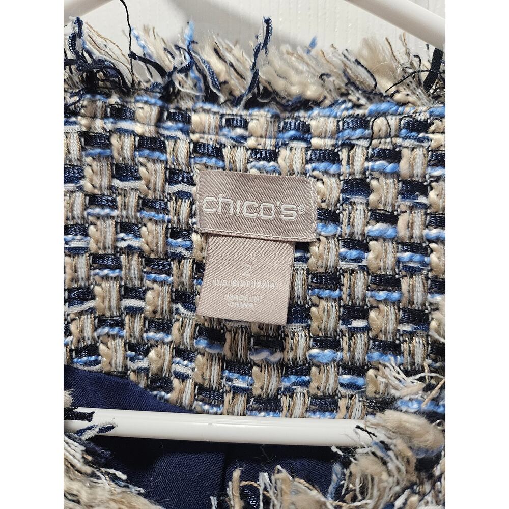 CHICO'S Beige Blue Black Check Tweed Full Zip Fringe Jacket Blazer Size 2 12 - Picture 2 of 10